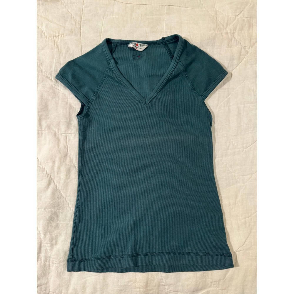 Hard Tail Forever Teal Ribbed V-Neck Cap Sleeve Top Small Baby Tee Cotton USA